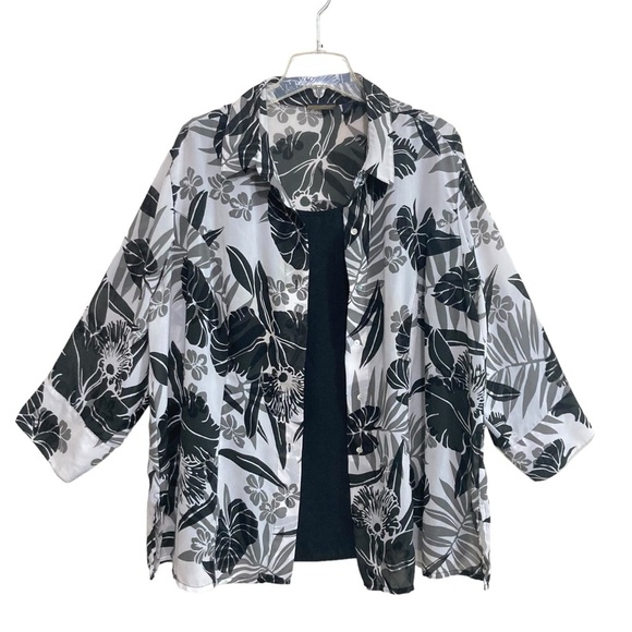 Laura Scott Button-Up Layered Blouse Size 22W Black & White Floral Long Sleeve - Picture 1 of 10